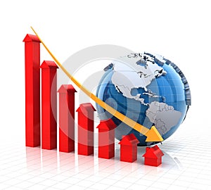 Real estate falling chart with globe, 3d render
