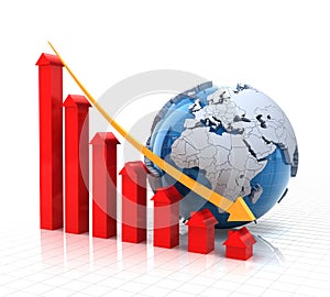 Real estate falling chart with globe, 3d render