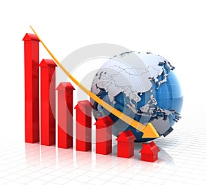 Real estate falling chart with globe, 3d render