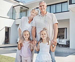 Real estate, family home or portrait of happy kids with grandparents in new house, apartment or residence. Retirement