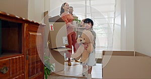 Real estate, family and kids carrying boxes for relocation to a new home for investment or growth. Property, mortgage or