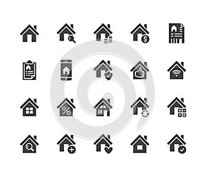 Real estate flat glyph icons set. House sale, home insurance, mortgage calculator, apartment search app, building