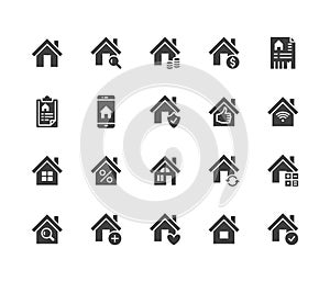 Real estate flat glyph icons set. House sale, home insurance, mortgage calculator, apartment search app, building photo