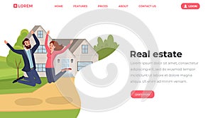 Real estate flat landing page template. Young people, husband and wife moving to house website, webpage vector layout