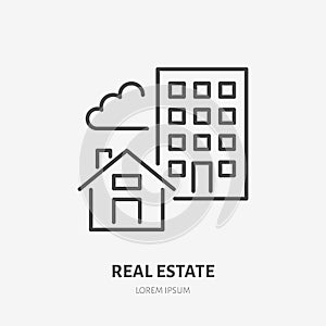 Real estate flat line icon. House and apartment sign. Thin linear logo for legal rent services, mortgage