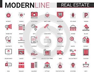 Real estate flat line icon vector illustration set of house sale or insurance contract, mortgage calculator of home