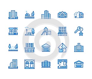 Real estate flat line icons set. House sale, commercial building, country home area, skyscraper, mall, kindergarten