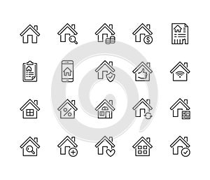 Real estate flat line icons set. House sale, home insurance, mortgage calculator, apartment search app, building