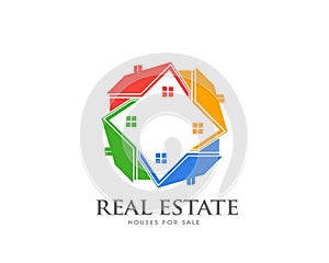 Real Estate Group of Houses. Colorful houses in circle. Real Estate Logo search of properties. Network of houses concept