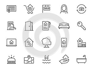 Real estate house line icon set. Property building commercial mortgage. Vector house sale rent loan realtor sign