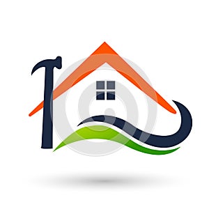 Real estate House roof and home hammer logo vector element icon design vector on white background. Business, company