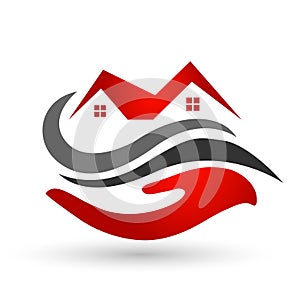 Real estate House roof and home in hand logo vector element icon design vector on white background. Business, company