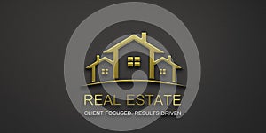 Real Estate Houses Gold Logo Design. 3D Rendering Illustration