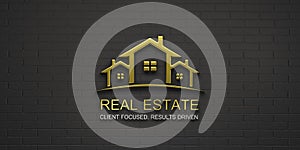 Real Estate Houses Gold Logo Design in Black Brick Wall. 3D Rendering Illustration