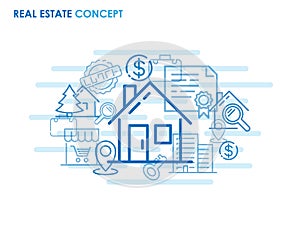 Real estate and housing concept background, flat thin line icons illustration