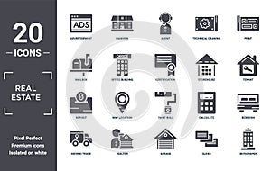 real.estate icon set. include creative elements as advertisement, print, storehouse, paint roll, realtor, deposit filled icons can