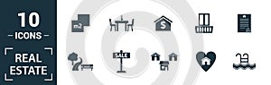 Real Estate icon set. Include creative elements for sale, rent sign, house location, living room, elevator icons. Can be used for