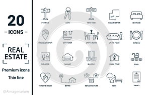 Real Estate icon set. Include creative elements for sale, rent sign, house location, living room, elevator icons. Can be used for