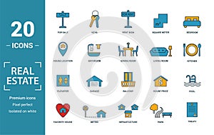 Real Estate icon set. Include creative elements for sale, rent sign, house location, living room, elevator icons. Can be used for