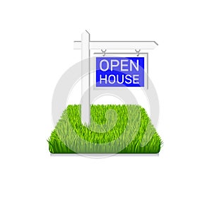 Real estate icon. Sign on green grass