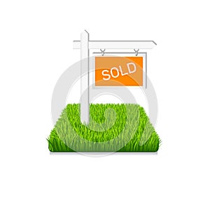 Real estate icon. Sign on green grass isolated