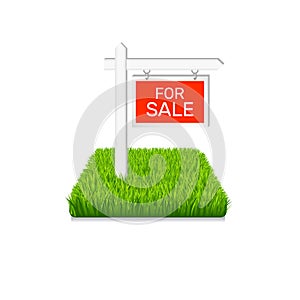 Real estate icon. Sign on green grass isolated