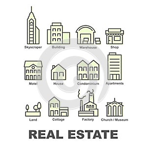 Real estate icons, property and investment - apartment buildings, factory, warehouse, condominium, skyscraper