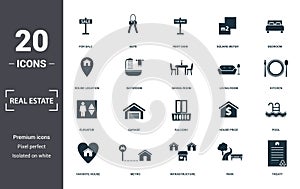 Real Estate icons set collection. Includes simple elements such as For Sale, Keys, Rent Sign, Square Meter, Bedroom, Garage and