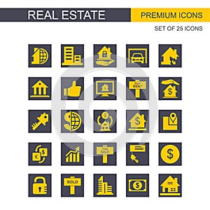 Real Estate icons set grey and yellow