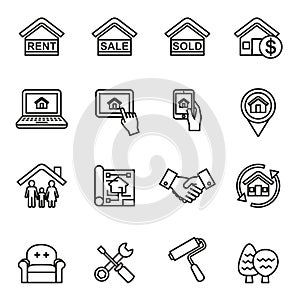 Real estate icons set with white background.