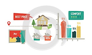 Real estate infographic elements, purchase and sale of apartments and houses vector Illustration on a white background
