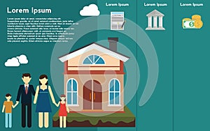 Real Estate infographic template and elements. The template includes illustrations of family and house with icons. Modern