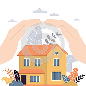 Real estate insurance concept background. Hands of businessman covering house with care