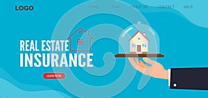 Real estate insurance concept businessman hand holding small house under glass dome vector