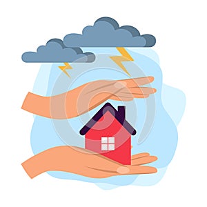 Real estate insurance, an insurance agent holds a house in his hands, shelters from the elements, protection from danger.