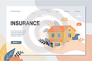 Real estate insurance landing page template. House on hand with care, concept background