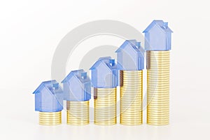 Real estate investment concept. Glass houses standing on the coins stacks.