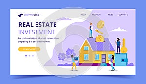 Real estate investment landing page - concept illustration for investing, buying house, coins falling in the house