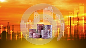 Real estate investment marketing analysis, Stack of coins with graph of business growth, Planning to increase profits doing
