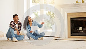Real estate, investment and planning, couple with DIY renovation plan for new family house with mortgage. Man and woman