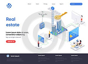 Real estate isometric landing page. Real estate engineering and construction company, buy, rent and mortgage services