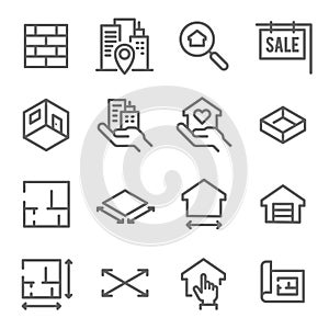 Real Estate Line Icon Set. Contains such Icons as Blueprint, Floor plan, Search and more. Expanded Stroke