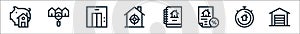 real estate line icons. linear set. quality vector line set such as garage, chronometer, discount, report, target, elevator, house