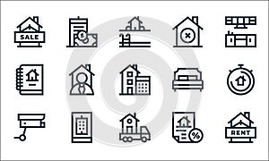 real estate line icons. linear set. quality vector line set such as rent, moving truck, cctv, discount, real estate, report,