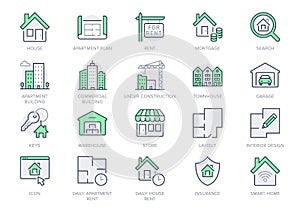 Real estate line icons. Vector illustration include icon - house, insurance, commercial, blueprint, townhouse, keys