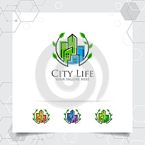 Real estate logo design concept of green city building illustration. Property logo vector for construction, contractor, residence