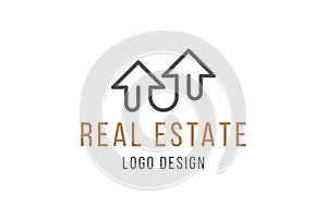 Real Estate Logo Design. Elegant Logotype with a silhouette of a building in line art style isolated on white background. Flat