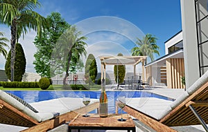 real estate luxury exterior design pool villa with interior design living room home, house ,sun bed.3d rendering