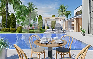 real estate luxury exterior design pool villa with interior design living room home, house ,sun bed.3d rendering