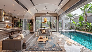 Real estate Luxury interior design pool villa in kitchen and living room area which feature island counter